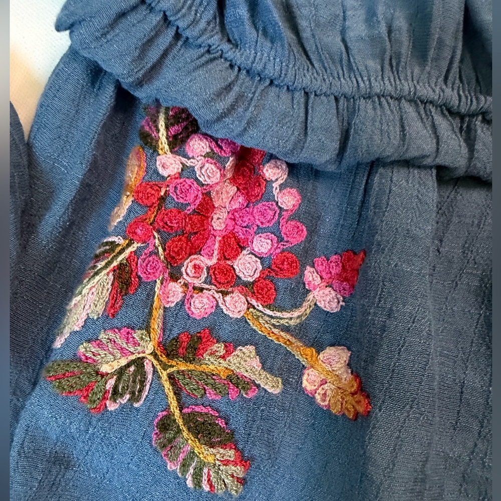 Wild Moss Blue Embroidered Boho Off Shoulder Peasant Blouse Floral Top size L - Picture 5 of 7
